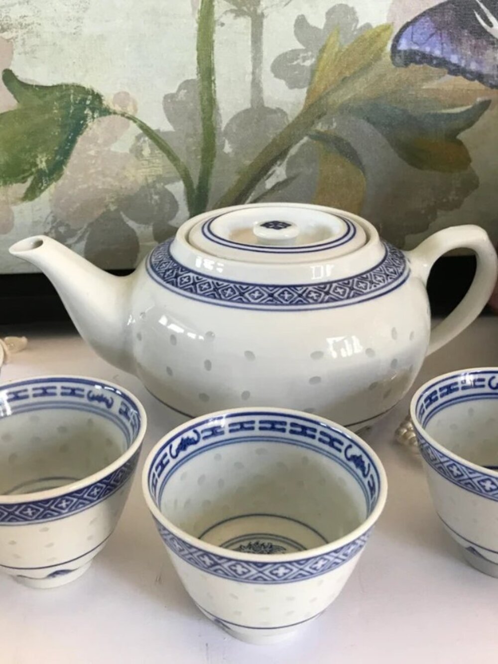 Vintage Chinese Rice Grain Ceremonial Teapot Set Blue and White Dragon Design